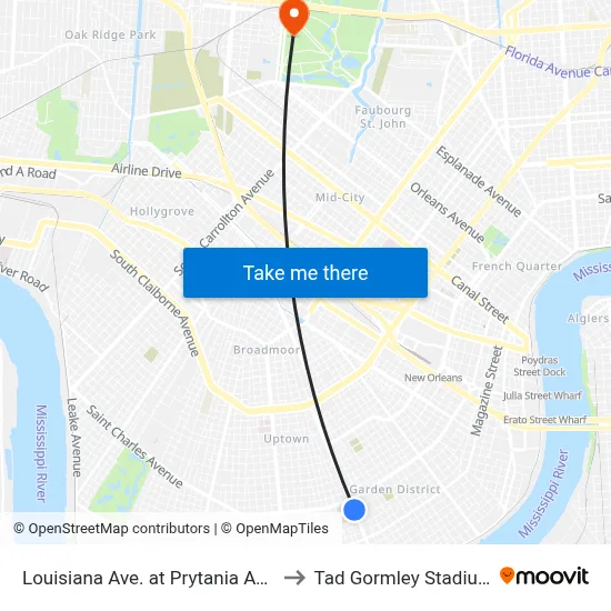 Louisiana Ave. at Prytania Ave. to Tad Gormley Stadium map
