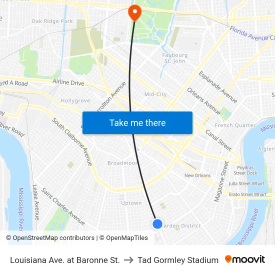 Louisiana Ave. at Baronne St. to Tad Gormley Stadium map