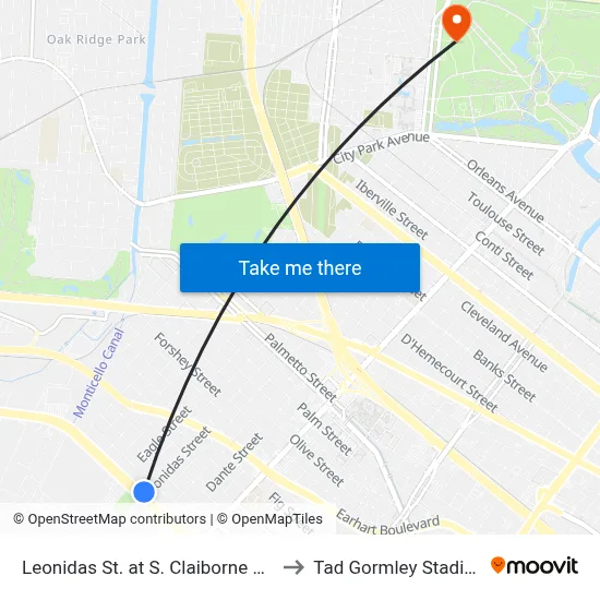 Leonidas St. at S. Claiborne Ave. to Tad Gormley Stadium map