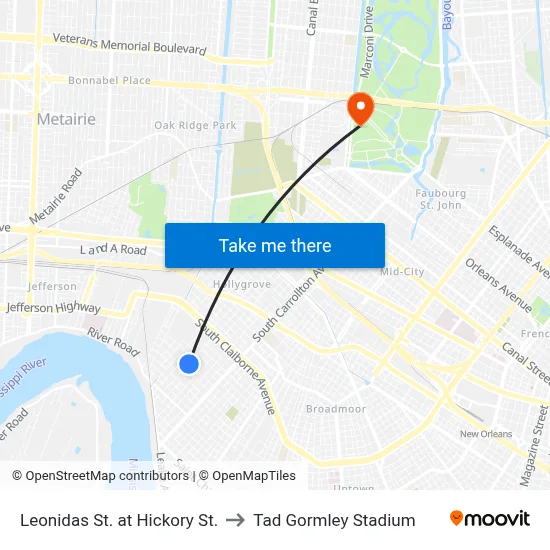 Leonidas St. at Hickory St. to Tad Gormley Stadium map