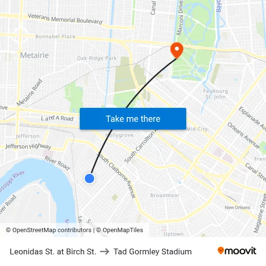 Leonidas St. at Birch St. to Tad Gormley Stadium map
