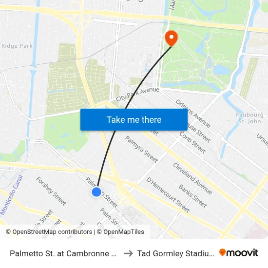 Palmetto St. at Cambronne St. to Tad Gormley Stadium map