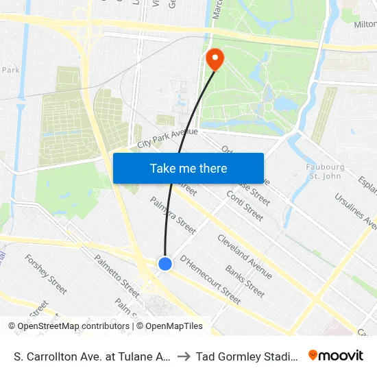 S. Carrollton Ave. at Tulane Ave. to Tad Gormley Stadium map