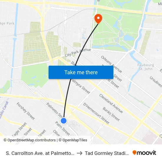 S. Carrollton Ave. at Palmetto St. to Tad Gormley Stadium map