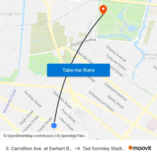 S. Carrollton Ave. at Earhart Blvd. to Tad Gormley Stadium map