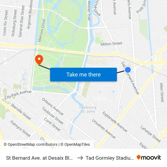 St Bernard Ave. at Desaix Blvd. to Tad Gormley Stadium map