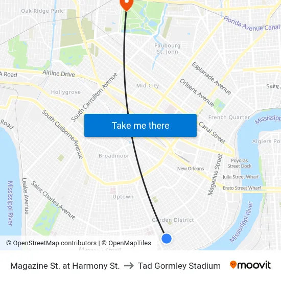 Magazine St. at Harmony St. to Tad Gormley Stadium map