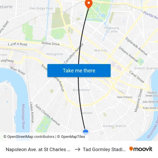 Napoleon Ave. at St Charles Ave. to Tad Gormley Stadium map