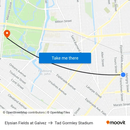 Elysian Fields at Galvez to Tad Gormley Stadium map