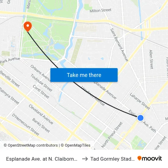 Esplanade Ave. at N. Claiborne Ave. to Tad Gormley Stadium map