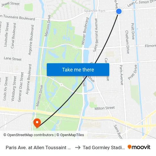 Paris Ave. at Allen Toussaint Blvd. to Tad Gormley Stadium map