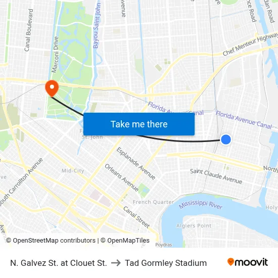 N. Galvez St. at Clouet St. to Tad Gormley Stadium map
