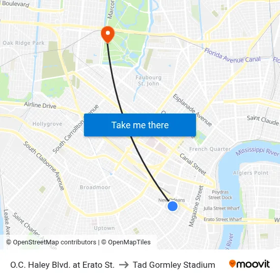 O.C. Haley Blvd. at Erato St. to Tad Gormley Stadium map