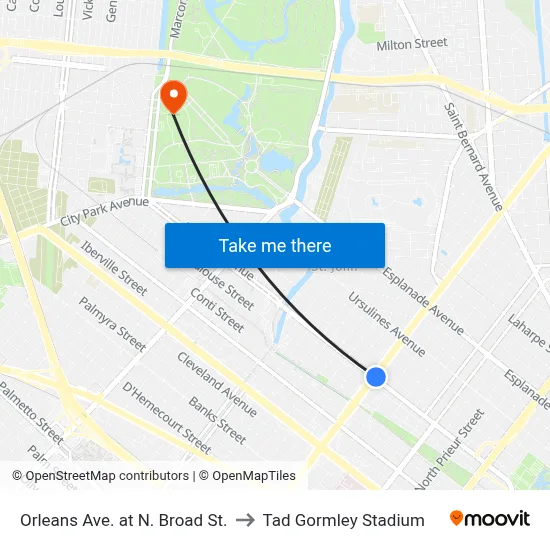 Orleans Ave. at N. Broad St. to Tad Gormley Stadium map
