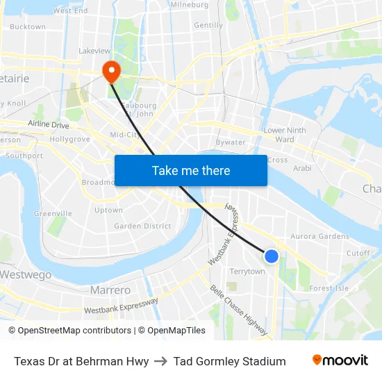 Texas Dr at Behrman Hwy to Tad Gormley Stadium map