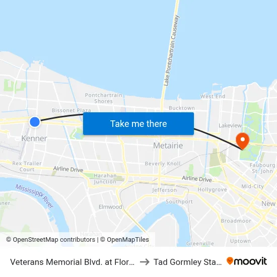 Veterans Memorial Blvd. at Florida Ave. to Tad Gormley Stadium map