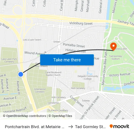 Pontchartrain Blvd. at Metairie Cemetery to Tad Gormley Stadium map