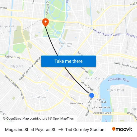 Magazine St. at Poydras St. to Tad Gormley Stadium map