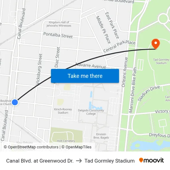 Canal Blvd. at Greenwood Dr. to Tad Gormley Stadium map