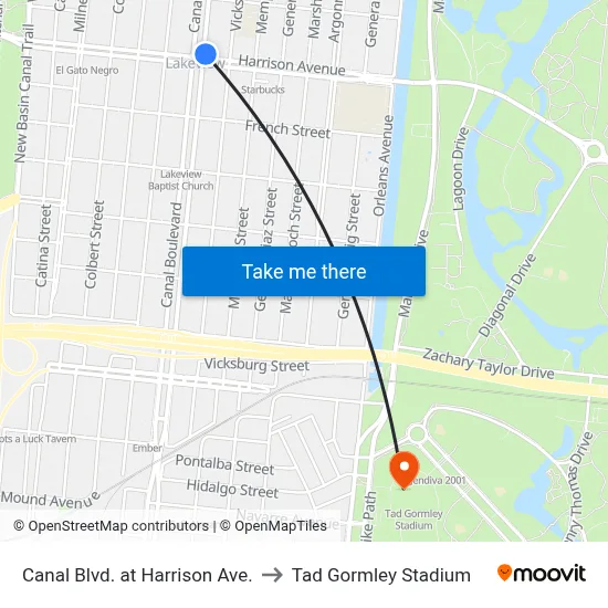 Canal Blvd. at Harrison Ave. to Tad Gormley Stadium map