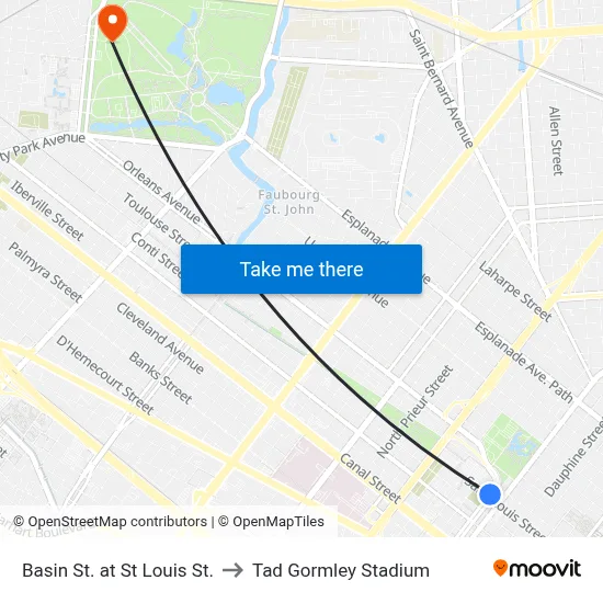 Basin St. at St Louis St. to Tad Gormley Stadium map