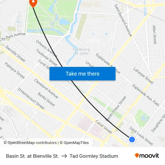 Basin St. at Bienville St. to Tad Gormley Stadium map