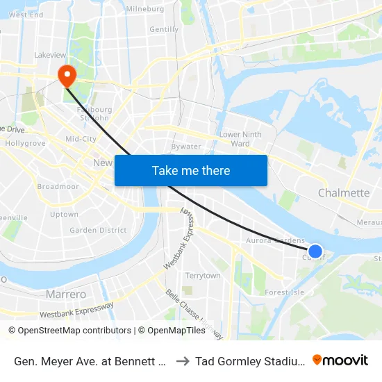 Gen. Meyer Ave. at Bennett St. to Tad Gormley Stadium map