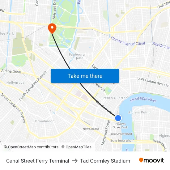 Canal Street Ferry Terminal to Tad Gormley Stadium map