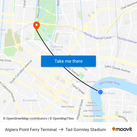Algiers Point Ferry Terminal to Tad Gormley Stadium map