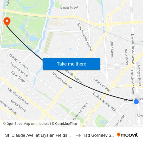 St. Claude Ave. at Elysian Fields Ave. (Farside) to Tad Gormley Stadium map