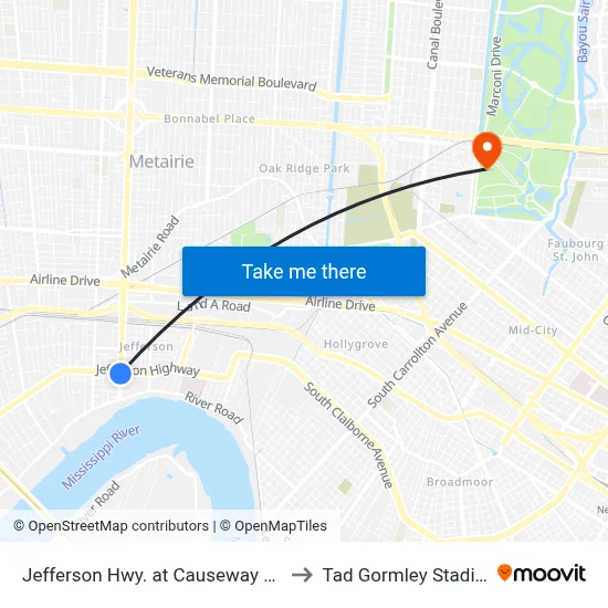 Jefferson Hwy. at Causeway Blvd. to Tad Gormley Stadium map