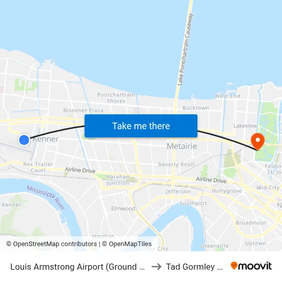 Louis Armstrong Airport (Ground Level- Zone B5) to Tad Gormley Stadium map