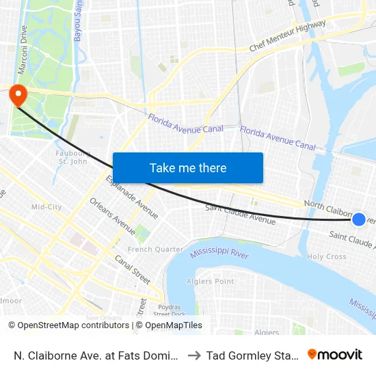 N. Claiborne Ave. at Fats Domino Ave. to Tad Gormley Stadium map