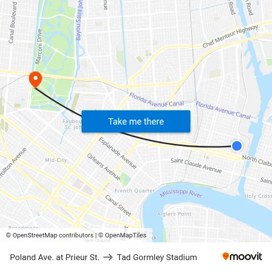 Poland Ave. at Prieur St. to Tad Gormley Stadium map