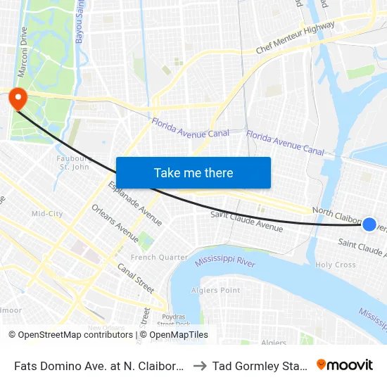 Fats Domino Ave. at N. Claiborne Ave. to Tad Gormley Stadium map