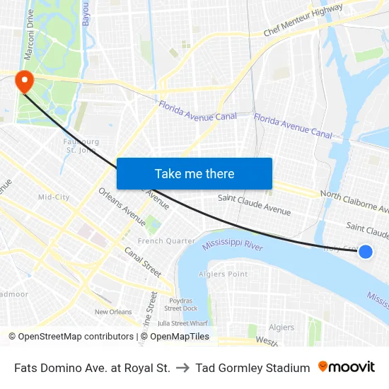 Fats Domino Ave. at Royal St. to Tad Gormley Stadium map