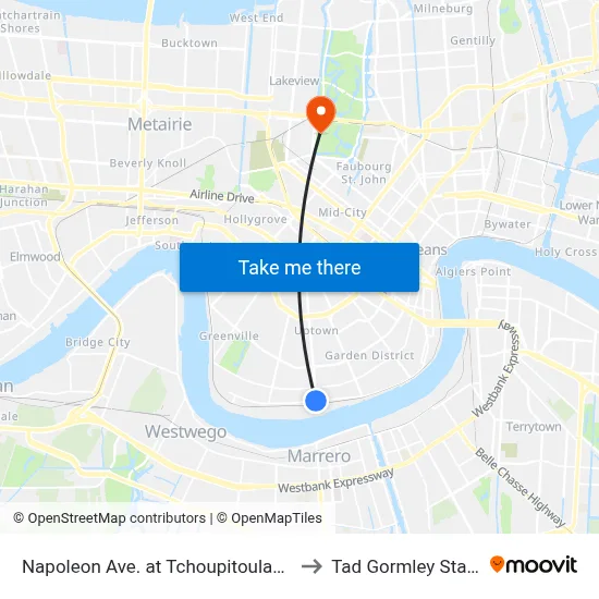 Napoleon Ave. at Tchoupitoulas St. (In) to Tad Gormley Stadium map