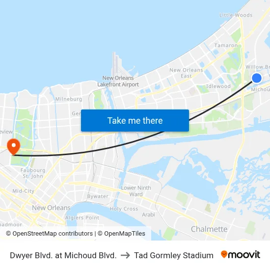 Dwyer Blvd. at Michoud Blvd. to Tad Gormley Stadium map