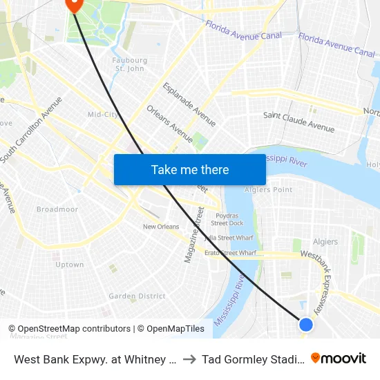 West Bank Expwy. at Whitney Ave. to Tad Gormley Stadium map