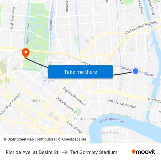 Florida Ave. at Desire St. to Tad Gormley Stadium map