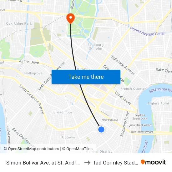 Simon Bolivar Ave. at St. Andrew St. to Tad Gormley Stadium map