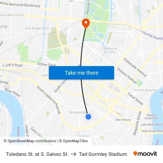 Toledano St. at S. Galvez St. to Tad Gormley Stadium map