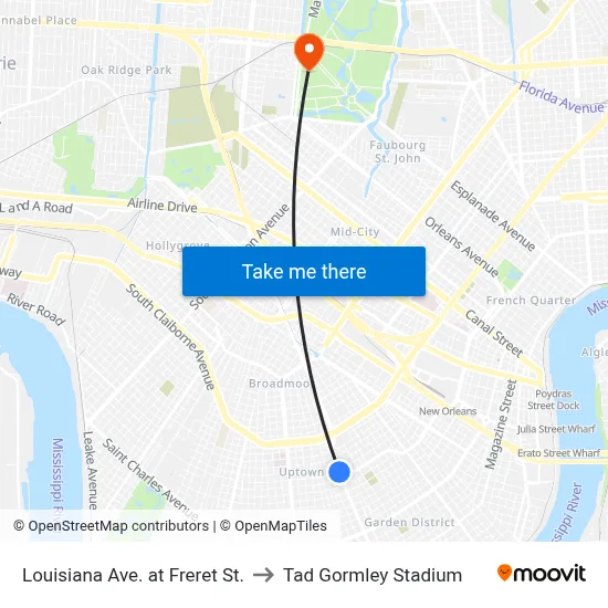 Louisiana Ave. at Freret St. to Tad Gormley Stadium map