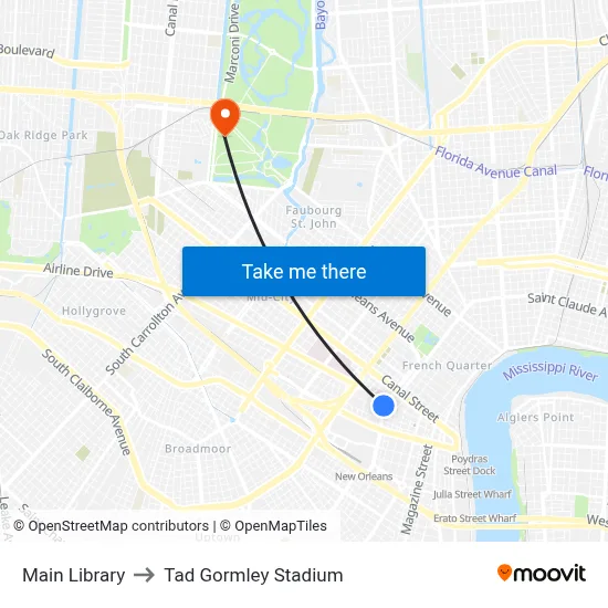 Main Library to Tad Gormley Stadium map