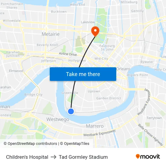 Children's Hospital to Tad Gormley Stadium map