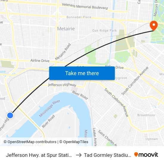 Jefferson Hwy. at Spur Station to Tad Gormley Stadium map
