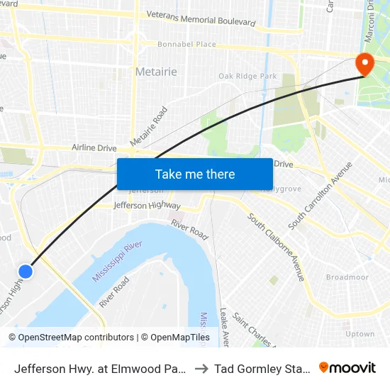 Jefferson Hwy. at Elmwood Park Blvd. to Tad Gormley Stadium map