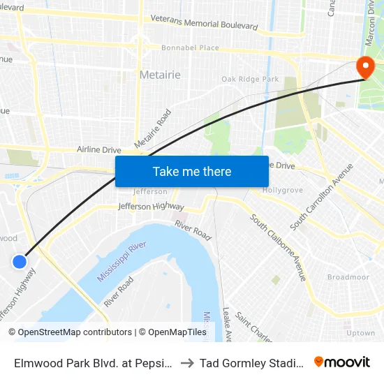 Elmwood Park Blvd. at Pepsi St. to Tad Gormley Stadium map