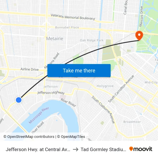 Jefferson Hwy. at Central Ave. to Tad Gormley Stadium map