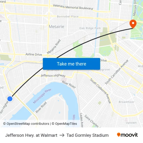 Jefferson Hwy. at Walmart to Tad Gormley Stadium map